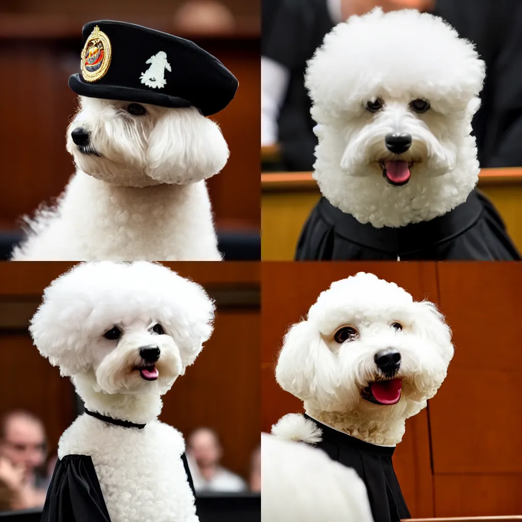 Image similar to a closeup photorealistic photograph of a cute smiling white bichon frise judge wearing a black gown and speaking to the courtroom. this 4 k hd image is trending on artstation, featured on behance, well - rendered, extra crisp, features intricate detail, epic composition and the style of unreal engine.