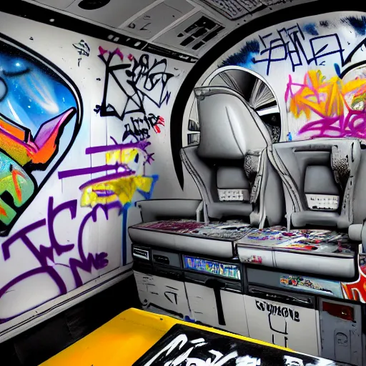 Image similar to a photo of a space shuttle full of graffiti, photorealism, wide shot