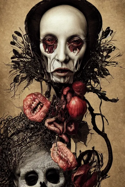 Image similar to Detailed maximalist portrait of a beautiful old woman with large lips and eyes, scared expression, botanical skeletal with extra flesh, HD mixed media, 3D collage, highly detailed and intricate, surreal illustration in the style of Caravaggio, dark art, baroque, centred in image