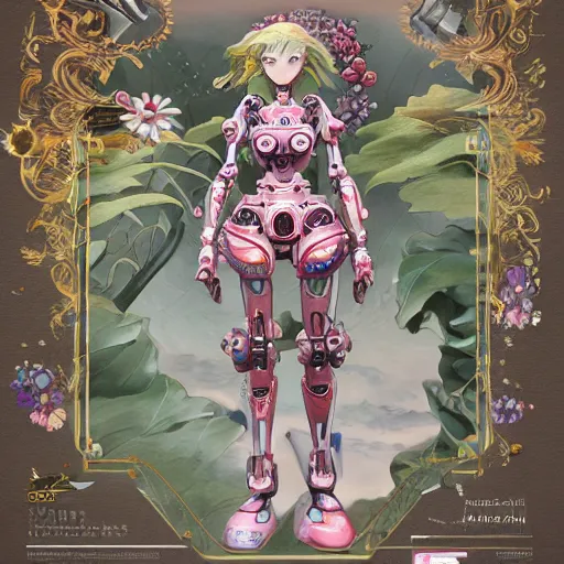 Prompt: waterlily head mobile combat suit floral rococo robot, biomechanical, waterlily mecha nymphaea, detailed illustration, concept art, smooth, sharp focus, by frank gehry, bandai macross box art