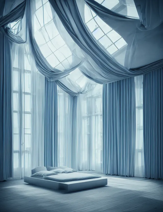 Image similar to dreamlike photo of floating bed in a giant room with bright windows opening to other dimensions bright color by andrzej sykut by lee madgewick, photorealistic, folded geometry, octane render, recursive, high contrast, pretty color, multiverse!!!!!!, labyrinthine, optical illusion, impossible angles