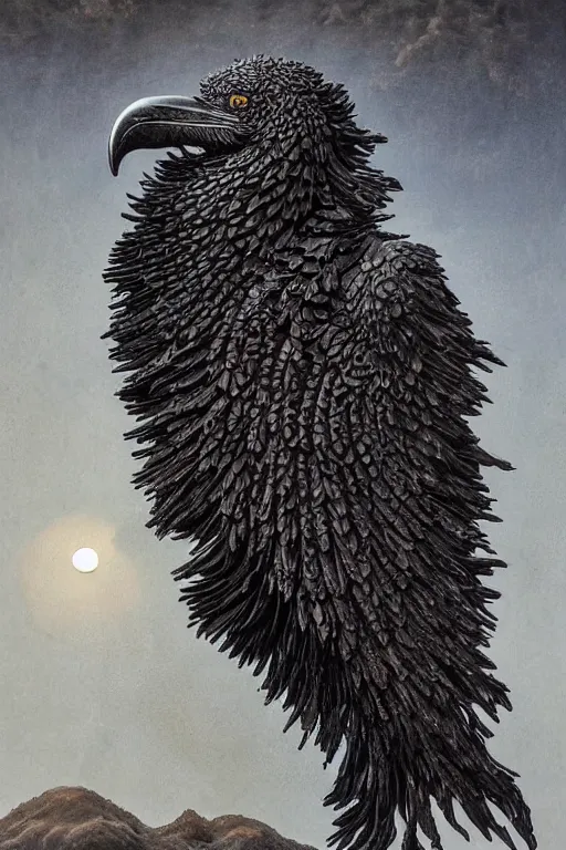 Image similar to Intricate stunning highly detailed raven by agostino arrivabene and Vladimir Kush, metal sculpture, ultra realistic, Horror, dramatic lighting, full moon, blood moon, thick black swirling smoke, volcanic smoke plume, burning fire embers