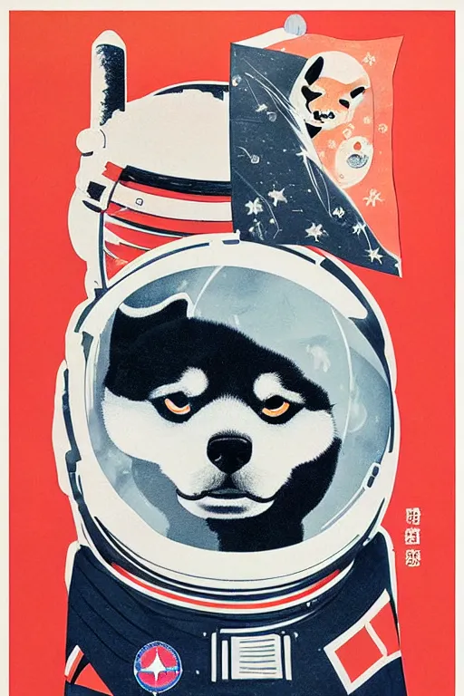 Image similar to Shiba Inu cosmonaut portrait, moon mission, 60s poster, 1968 Soviet Japanese