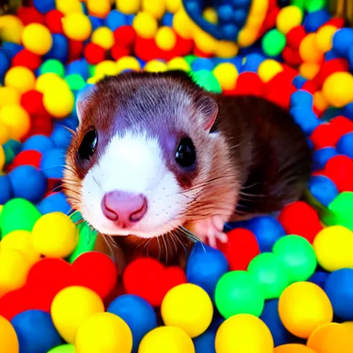 Image similar to ferret with clown makeup, in a ball pit