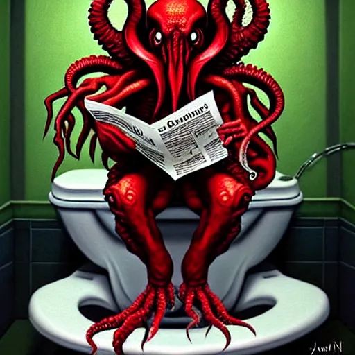 Prompt: humanoid cthulhu vis sitting on a toilet, he is reading a newspaper. the location is a pink and girlish bathroom. The mood is friendly and welcoming. dungeons and dragons style, highly detailed, digital painting, artstation, concept art, sharp focus, illustration, art by Josh kirby and John romita jr and moebius