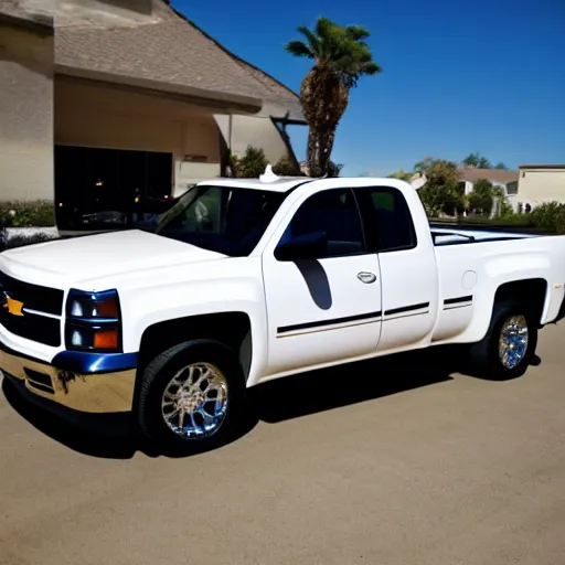 Prompt: goldplated 2006 small white chevy silverado