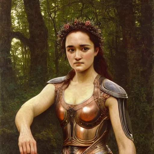 Prompt: a detailed, beautiful portrait oil painting of keisha castle hughes, with a hurt expression, wearing intricate, etched copper armor in an ancient forest, by donato giancola, john williams waterhouse, and william adolphe bouguereau