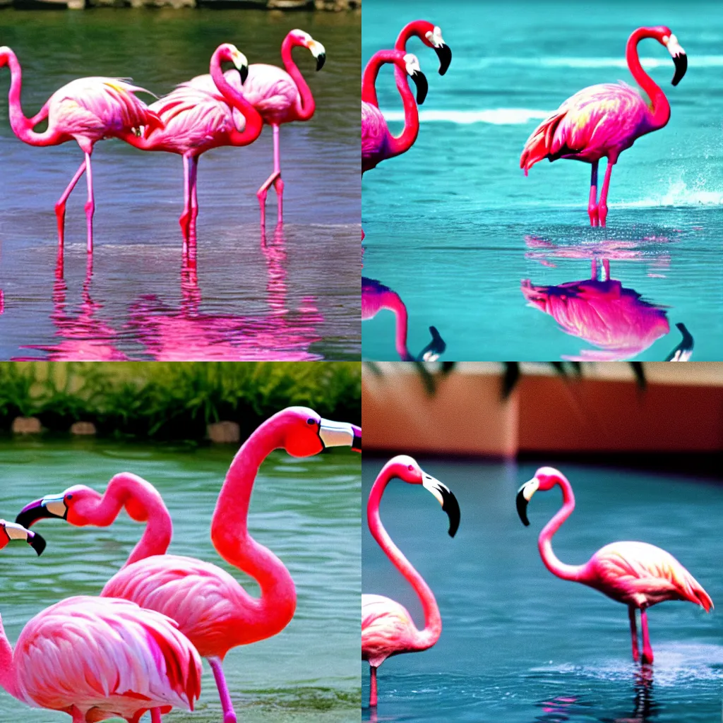 Prompt: pink flamingos water dancing with nicolas cage