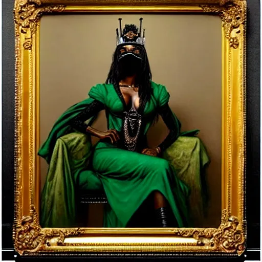 Image similar to full body portrait of black skinned, masked queen in green and black gothic robes sitting on a throne of cats, elegant, highly detailed painting by gaston bussiere, craig mullins, j. c. leyendecker, 8 k, mid shot