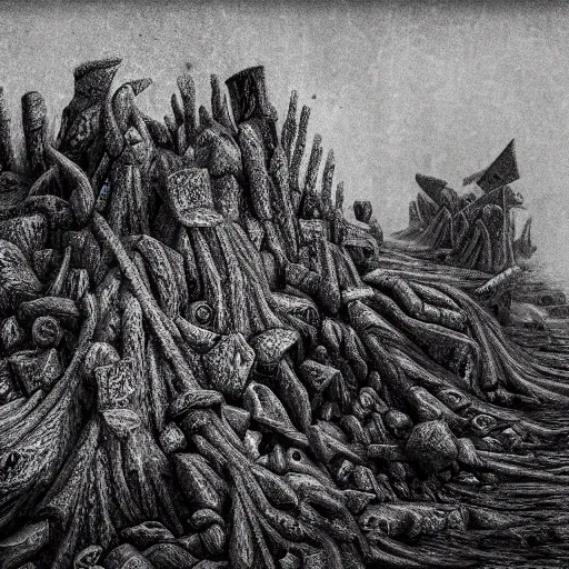 Image similar to charcoal reefs of the chaos realm, in the style of alejandro mirabal, dramatic, tragic, intricate, detailed, beautiful, 8 k resolution