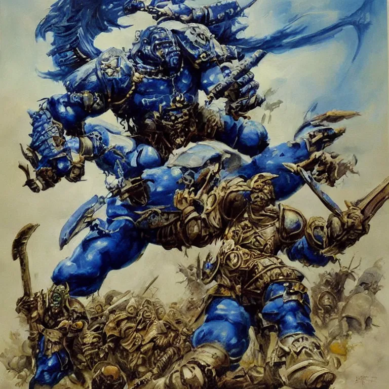 Prompt: a beautiful painting in the style of frank frazetta of a warhammer 4 0, 0 0 0 ultramarine holding a chainsword on top of a pile of dead ork greenskins