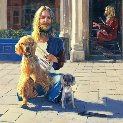 Image similar to oil painting of a young man with long hair blond and a beard hippie style with his golden retrever dog playing guitar in the square for money, people watching around, by greg rutkowski, artstation