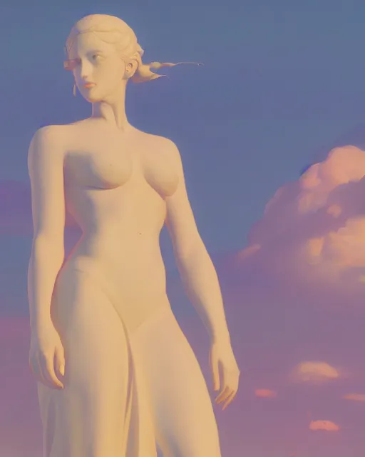 Prompt: a painting of a woman standing in front of a statue, a screenshot by stanley twardowicz, cgsociety, aestheticism, aesthetic, vaporwave, anime aesthetic