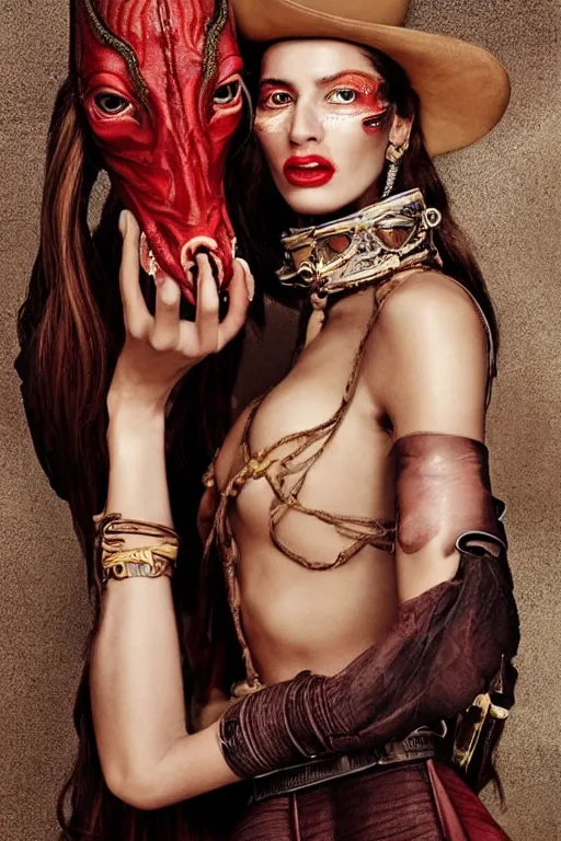 Prompt: dolce & gabbana campaign featuring jar jar binks as a female cowgirl, long eyeslashes, huge juicy lips, big seductive eyes, unprocessed colors, # nofilter, shot by annie leibovitz, realistic vfx simulation