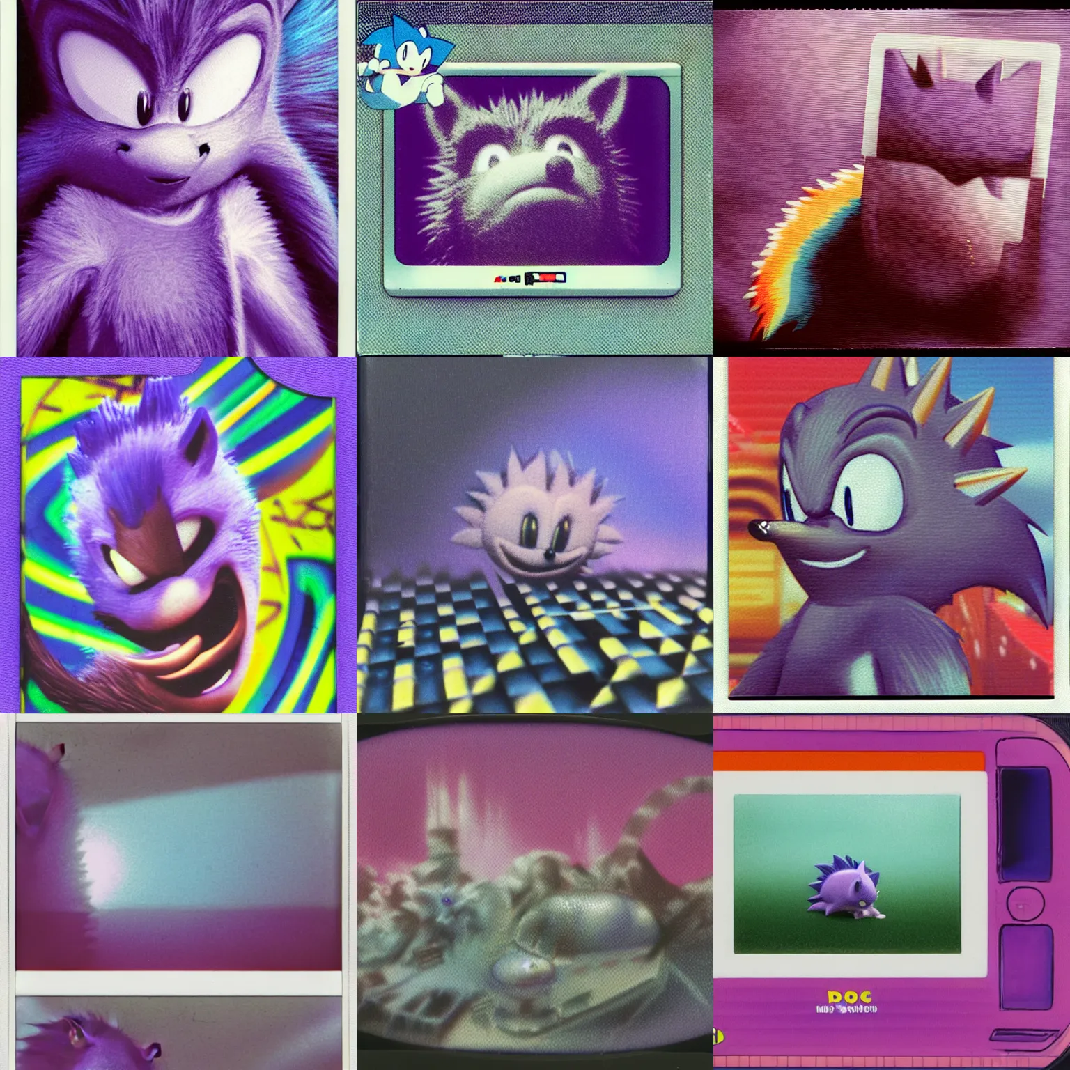 Prompt: close up polaroid instax portrait of sonic hedgehog, matte painting landscape of a surreal sharp foggy detailed professional soft pastels high quality airbrush art album cover of a liquid dissolving airbrush art lsd dmt sonic the hedgehog swimming through cyberspace purple checkerboard background 1 9 9 0 s 1 9 9 2 sega genesis rareware video game album cover