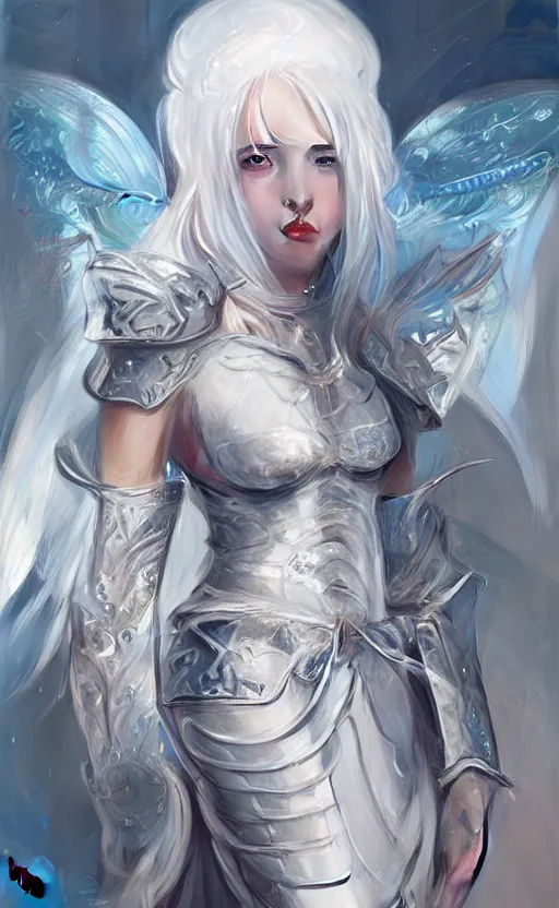 Image similar to portrait white hair knights of zodiac girl, sliver ice color reflected armor, in ruined agora of athens sunrise, ssci - fi and fantasy, intricate and very very beautiful and elegant, highly detailed, digital painting, artstation, concept art, smooth and sharp focus, illustration, art by tian zi and wlop and alphonse mucha