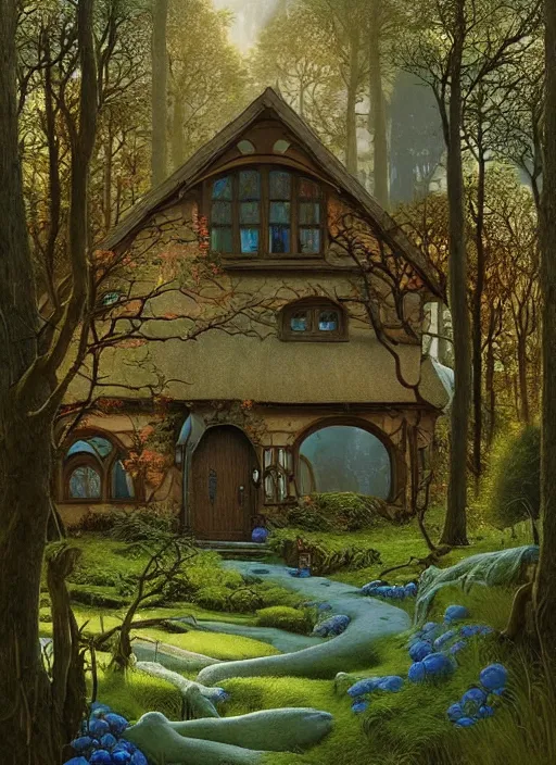 Image similar to hyper realistic homely ornate modern witch cottage distant down a path in the woods gorgeous lighting, blue sky, highly detailed, lush forest by zdzisław beksinski and norman rockwell and greg rutkowskiweta studio, and lucasfilm