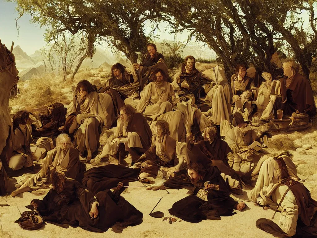 Prompt: portrait of the fellowship of the ring, in a desert oasis, painting by georges de la tour