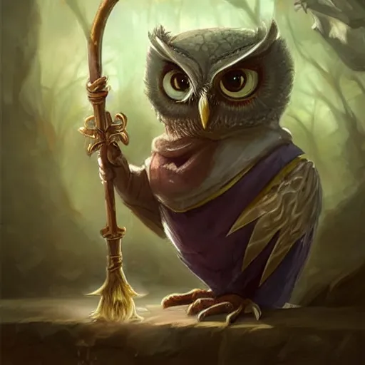 Prompt: cute little anthropomorphic Owl, wielding a magic staff, tiny, small, short, Wizard robe, cute and adorable, pretty, beautiful, DnD character art portrait, matte fantasy painting, DeviantArt Artstation, by Jason Felix by Steve Argyle by Tyler Jacobson by Peter Mohrbacher, cinema