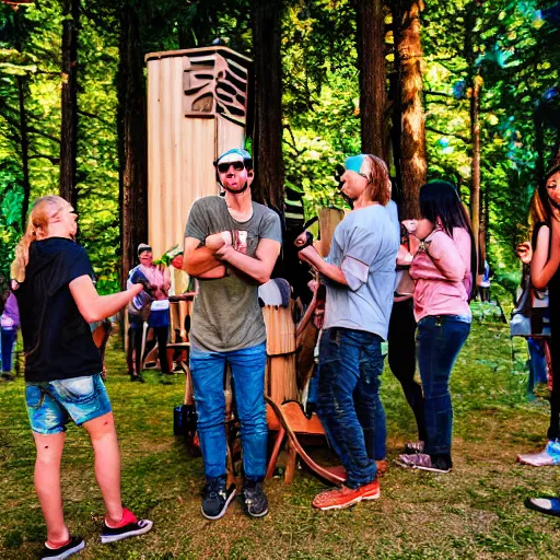 Image similar to small group of friends partying outside woodland cabin, speaker stack, festival lighting