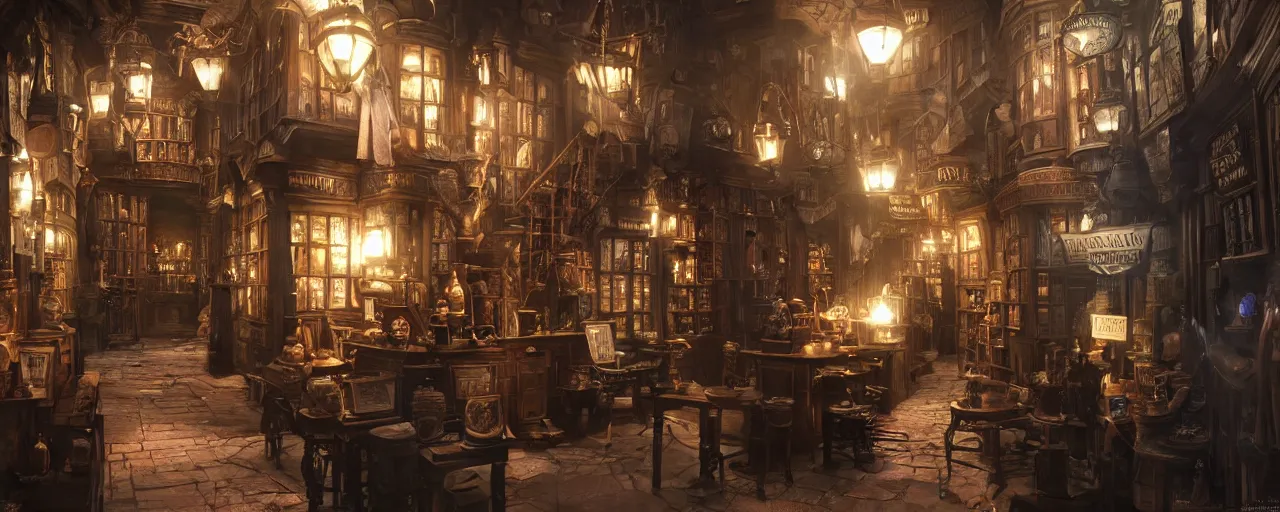Prompt: most epic dramatic diagon alley magic store interior. epic cinematic hyperrealism masterpiece. realistic poster with shaded lighting by craig mallismo, artgerm, jeremy lipkin and michael garmash, unreal engine, radiant light, detailed and complex environment, digital art, art station trends