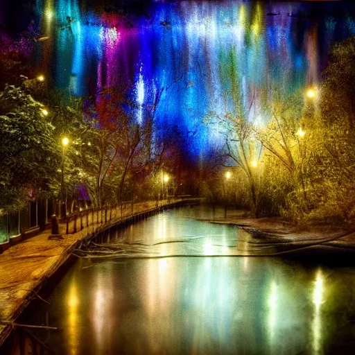 Image similar to A Mystic River, The River Is Full of Lights, Mysticism, Artwork, Watercolor, Indian Art, Cinematic, Exposure, Slit-Scan Photography, 2-Dimensional, 4k, Ultra-HD, Incandescent, Ray Tracing Reflections, insanely detailed and intricate, hypermaximalist, elegant, ornate, hyper realistic, super detailed:: watermark:: blurry:: cropped:: blur:: blurry:: out of focus:: by Dorothea Tanning, by Rene Magritte, by Victto Ngai