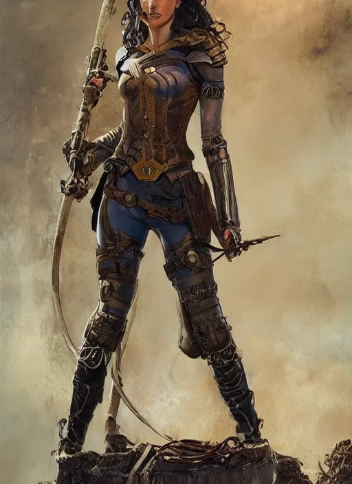 Image similar to highly detailed steampunk gal gadot standing, blond hair, steel age : leonardo da vinci, greg rutkowski, magali villeneuve