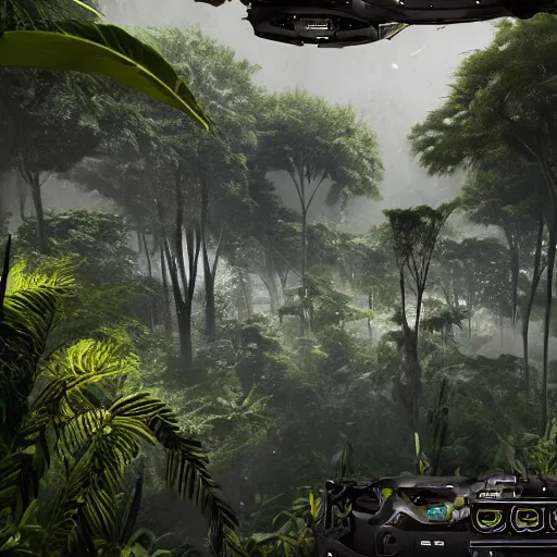 Image similar to «, dark jungle, far view, unreal engine 5, highly detailed, fantasy, crashed flying saucers »