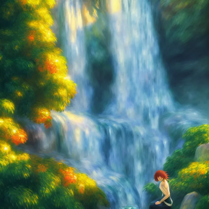 Image similar to an epic makoto shinkai and renoir landscape of a v - shaped triangular waterfall, 🌺, golden hour, ultra smooth, lois van baarle, ilya kuvshinov, unreal engine, blender, trending on artstation, suntur, caleb worcester, highly detailed, photorealism, bloom effect 8 k