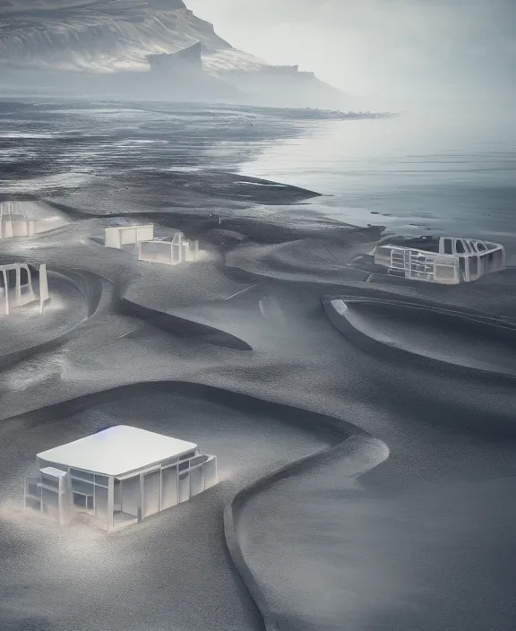 Image similar to surreal mindblown architecture, futuristic white architecture in the beach in iceland, foggy, highly detailed, digital painting, arstation, concept art, hyperealistic octane render, unreal engine,