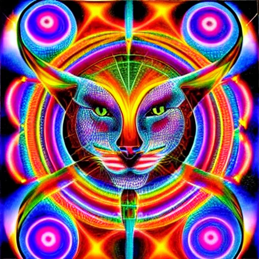 Prompt: Alex Grey Cat, Godself, Net of Being, geometric, psychedelic, acid