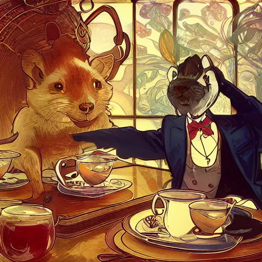 Prompt: a weasel in a suit was drinking tea, surrounded by tea houses ambient lighting, 4 k, russ mill, rossdraws, alphonse mucha, jung gi kim, artstation