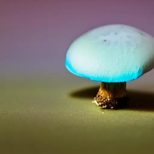 Image similar to Beautiful Macro Photo of undiscovered bioluminiscent Mushroom Species, Studio Lighting, detailed, 28mm Lens