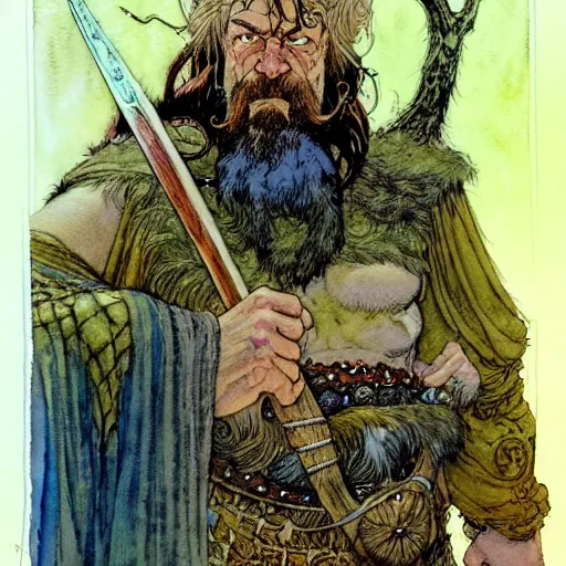 Image similar to a realistic and atmospheric watercolour fantasy character concept art portrait of urho kekkonen as a druidic warrior wizard looking at the camera with an intelligent gaze by rebecca guay, michael kaluta, charles vess and jean moebius giraud