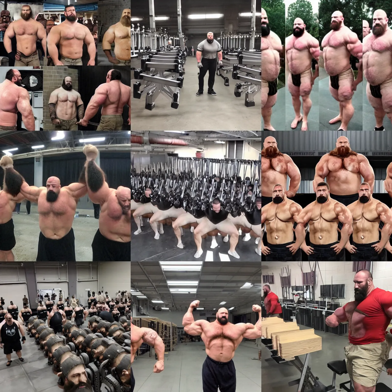 Prompt: mass production of hairy burly strongmen clones