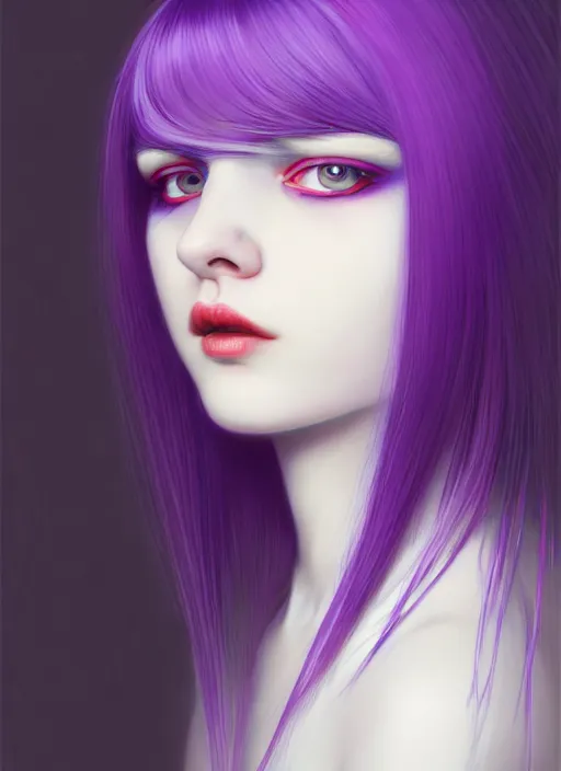 Image similar to hair whitebangs hair, black hair, blackbangswhitehair, portrait of teenage girl with white bangs, red irises, purple clothes, white bangs, bangs are different color from hair, intricate, elegant, glowing lights, highly detailed, digital painting, artstation, concept art, sharp focus, illustration, art by wlop, mars ravelo and greg rutkowski