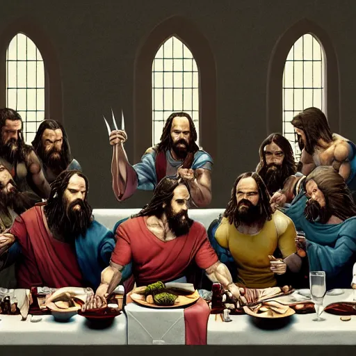 Image similar to professional physically based octane render of Wolverine as Jesus at the Last Supper, character concept art, epic composition, style of Marvel, 8k comic art, intricately detailed