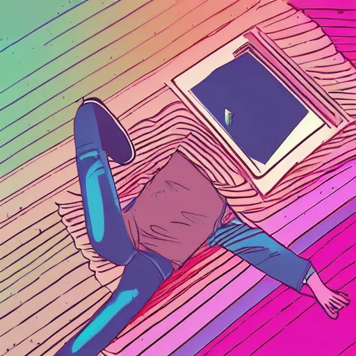 Prompt: aerial view photo of a guy laying on the floor of his bedroom looking at the camera, synthwave colors, computer, cell phone, video games, tv, knick knacks, faded effect, scribble anime, light, bright, no shadows, by moebius