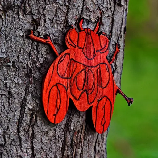 Prompt: bug carved in red oak tree