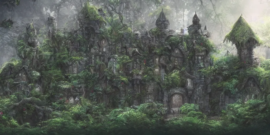 Image similar to a castle hidden in the jungle, overgrown with trees, misty, whimsical, cute art style, highly detailed, 4 k