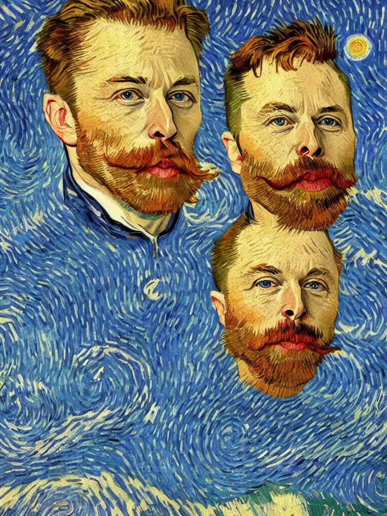 Prompt: a beautiful portrait of Elon Musk with a moustache, painted by vincent van gogh, impasto oil painting
