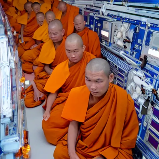 Image similar to Thai Buddhist monks on alms round on a space station in orbit.