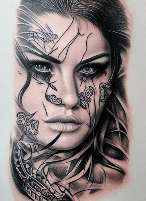 Image similar to tattoo design of a hyper - realistic beautiful girl warrior, hyper detailed, in the design of eliot kohek, on white background