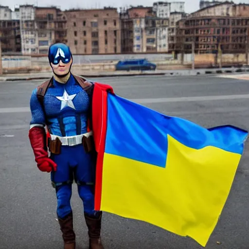 Prompt: Volodimir Zelensky as captain america holding an ukrainian flag on an urban battle field