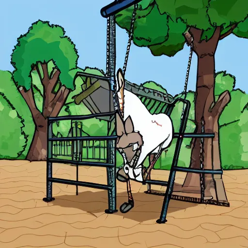 Image similar to donkey riding a playground swing, cell shading art style