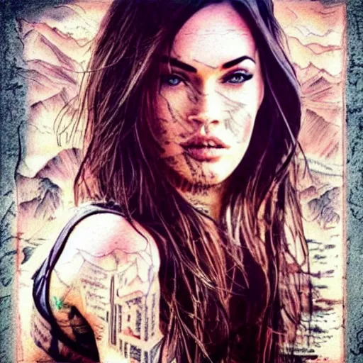 Image similar to realistic tattoo sketch of megan fox face double exposure effect with a mountain scenery, in the style of matteo pasqualin, amazing detail, sharp