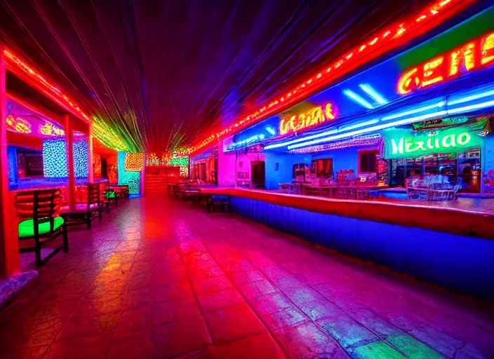 Image similar to photo of a mexican restaurant, neon lights, in a flat snowy field. 35mm. Very detailed 8k. Sharp. Cinematic post-processing. Unreal engine. Ray tracing. Parallax. Tessellation