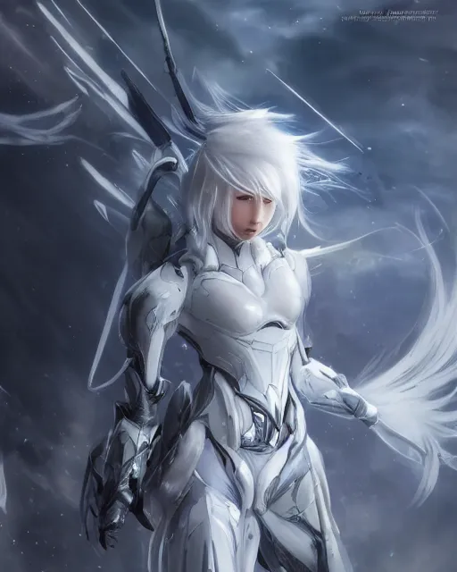 Image similar to perfect white haired girl, warframe armor, beautiful, dreamy, half asian, pretty face, blue eyes, detailed, windy weather, scifi, utopian architecture, laboratory, 4 k, ultra realistic, epic lighting, cinematic, high detail, masterpiece, art by akihito tsukushi, akasuki voidstar