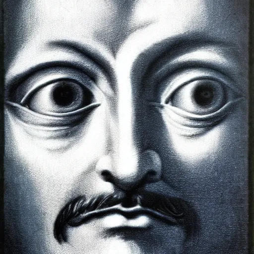 Image similar to Close-up of Descartes, pencil drawing. El Greco, Remedios Varo, Salvador Dali, Carl Gustav Carus, John Atkinson Grimshaw. Blue tint. Symetrical, logo, geometric shapes.