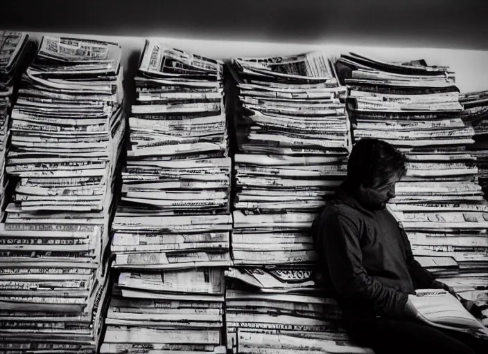 Image similar to dslr photo still of alex jones sitting depressed in a room filled to the ceiling with newspapers, 5 2 mm f 5. 6